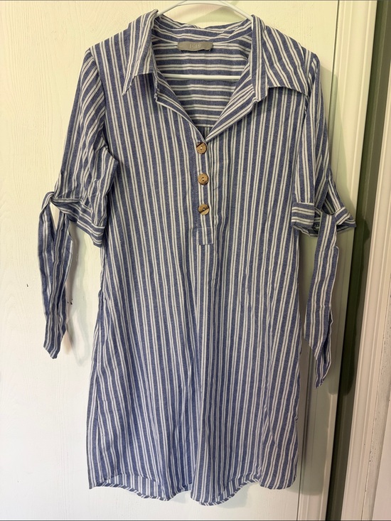 J Gee Dresses & Skirts - J Gee Blue White Stripe Tunic Button Dress Tie Sleeves Sz Medium Coastal Casual